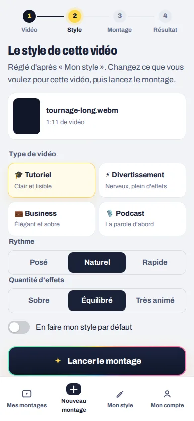 L'étape Style de Remaiko : type de vidéo, rythme et quantité d'effets